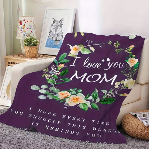 I Love You Mom Floral Print Flannel Blanket